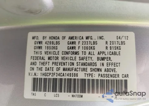 2012 Honda Accord 2.4 Lx from USA, damaged, VIN 1HGCP2F34CA149596